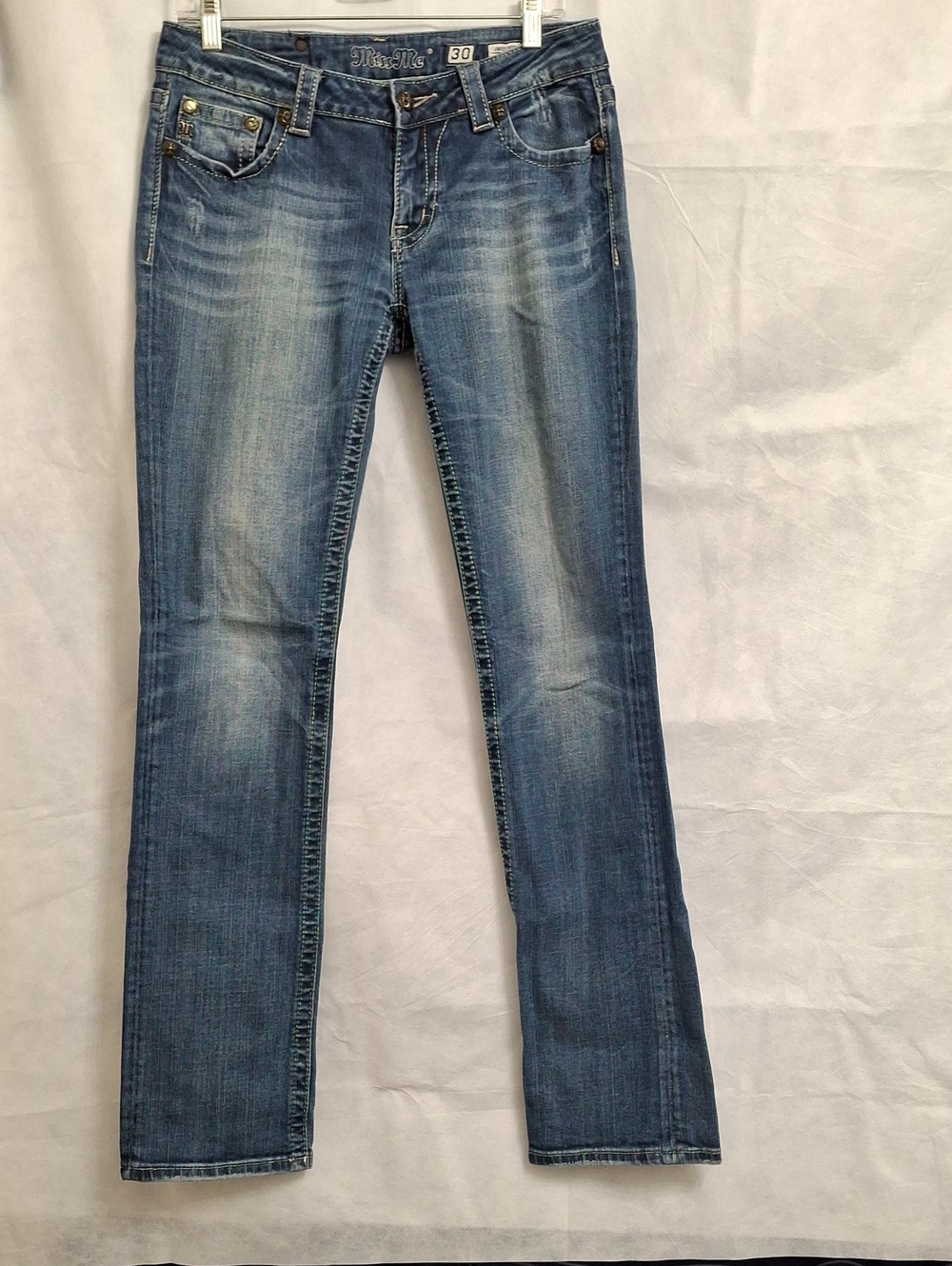 Miss Me Blue Straight Leg Jeans with Whiskered Fade
